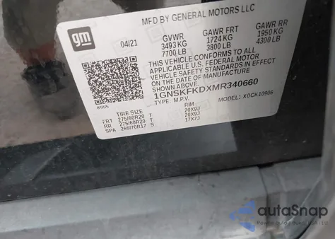 2021 Chevrolet Suburban 4Wd Premier z USA, uszkodzony, nr VIN 1GNSKFKDXMR340660